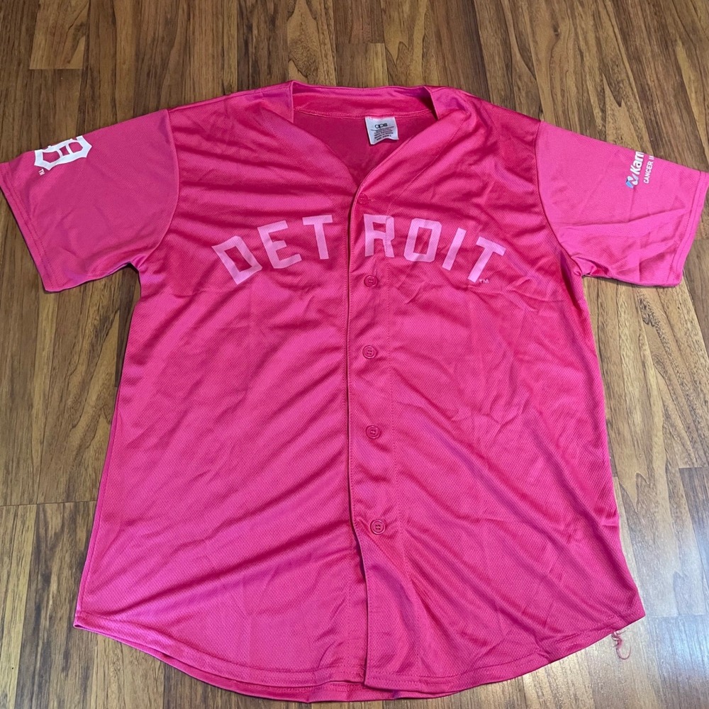 Detroit Tigers Pink Baseball Jersey Adult Large Karmanos Cancer Awareness 26 NEW